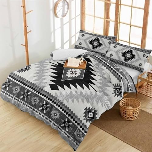 Duvet Cover Set Full, Black Grey Aztec Bohemian 3 Piece Bedding Set