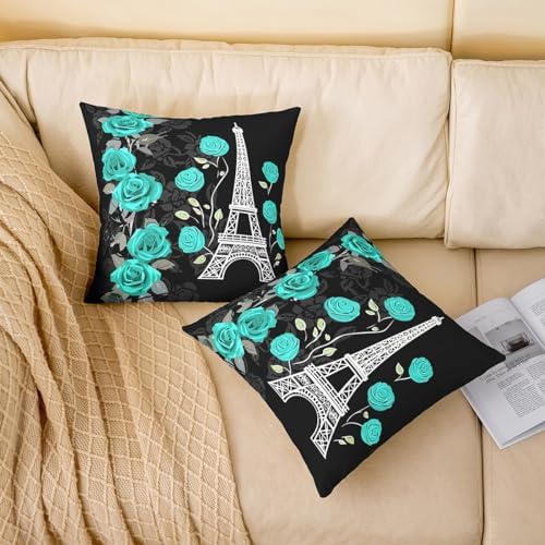 jejeloiu Eiffel Tower Throw Pillow Covers 22"x22" Set of 2 Paris Teal