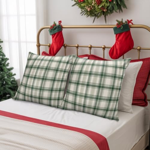 Throw Pillow Covers 18x18in Set of 2, Vintage Sage Green Plaid Outdoor