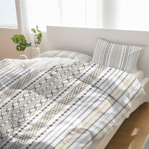 Duvet Cover Set Full, Gray Stripes Boho Ethnic Style 3 Piece Bedding