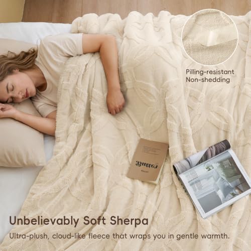 PHF Soft Sherpa Fleece Blanket King, Tufted Jacquard, 01-Oat Milk