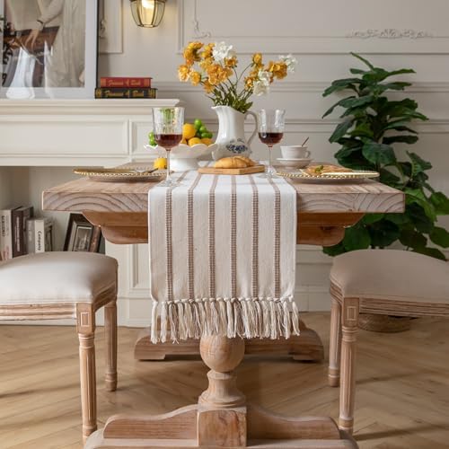 Caflife Boho Table Runner 60 Inchs Long Taupe and Beige, Cotton and