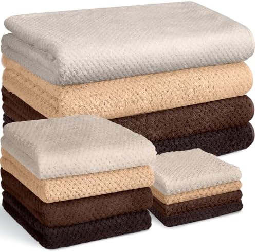 Preboun 12 Pcs Bath Towels Set Washcloths Microfiber,Taupe Gradient