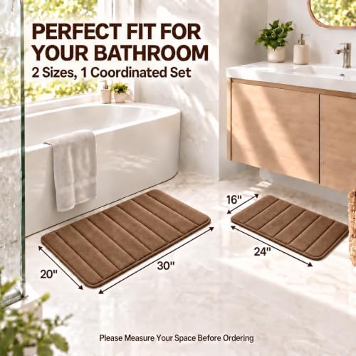 Beige Bathroom Rugs Set 2 Piece Memory Foam Bath Non-Slip Bath