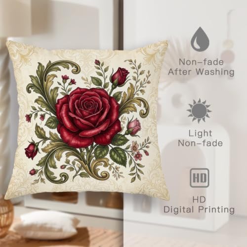 Vintage Red Rose Floral Throw Pillow Covers 18x18 Set of 2