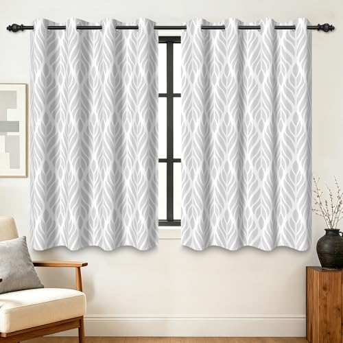 Gray Leaf Patterned Blackout Curtains for Living Room 63 Inch Length 2