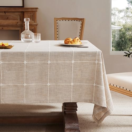 ZeeMart Grid Embroidered Rectangle Hemmed Tablecloths 52x70in, Taupe