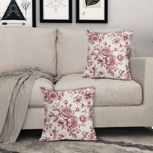 Wine Red Floral Throw Pillow Covers Chinoiserie Cushion Case