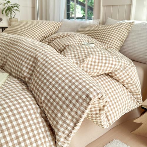 LifeTB Tan Gingham Duvet Cover Full 100% Washed Cotton Beige Taupe