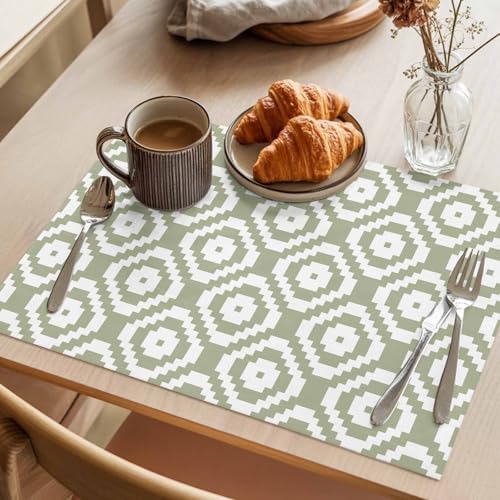 Placemats Set of 8, Sage Green White Geometric Woven Placemat, Linen
