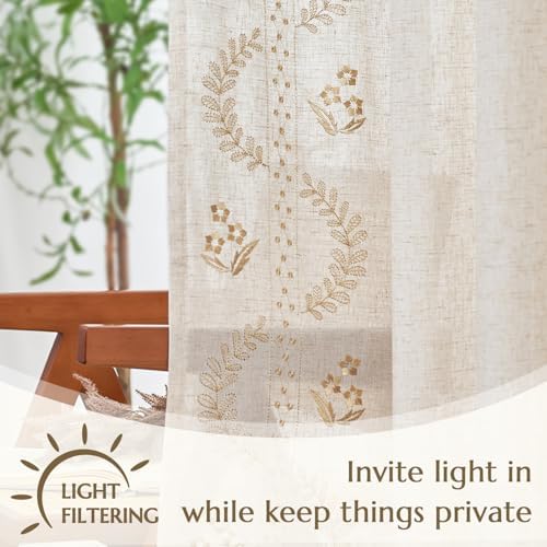 jinchan Floral Linen Curtains 63 Inch Farmhouse Back Tab 2 Panels