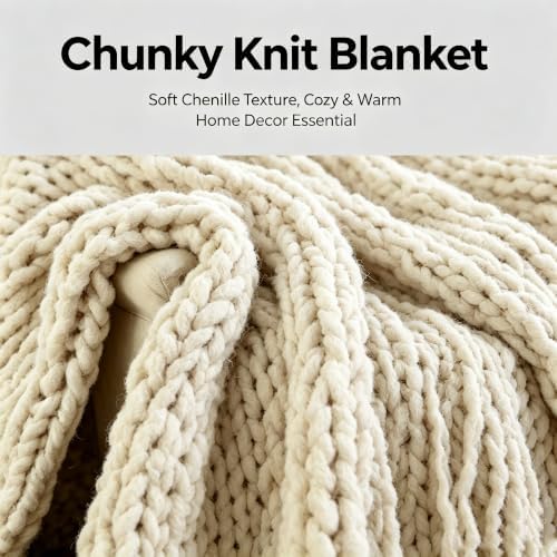 Chunky Knit Throw Blanket, Cream Hand Knitted Thick Yarn Blanket, Soft