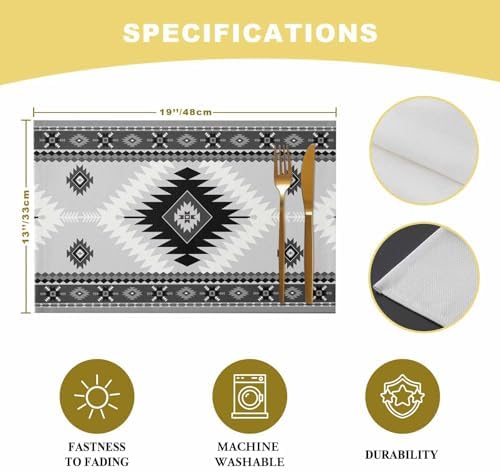 Placemats Set of 8, Aztec Gray Geometric Pattern Washable Table Mats