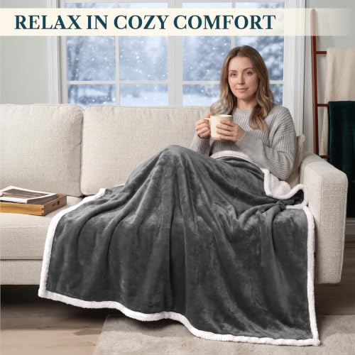 PAVILIA Sherpa Fleece Throw Blanket for Couch, Dark Grey, Plush Soft