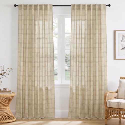 RYB HOME Rustic Linen Blend Gingham Curtains for Living Room 84 Inch