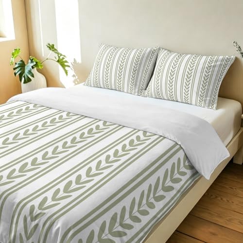 3 Pieces Bedding Set Queen Size, Sage Green Botanical Soft Duvet