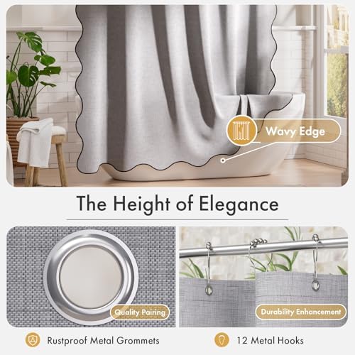 Bathway Modern Scalloped Shower Curtain Linen Textured, Light Gray