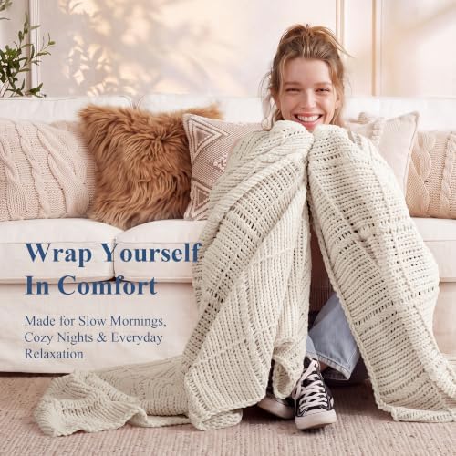 Chenille Knit Throw Blanket, Soft Cable Knit Blanket with Openwork