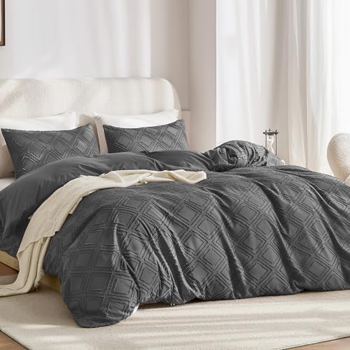 JELLYMONI Dark Grey Grid Tufted Duvet Cover Set Full Size