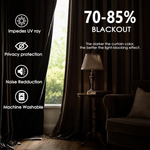 75% Blackout Velvet Curtains, Rod Pocket Back Tab 2Pcs 52x72 Brown