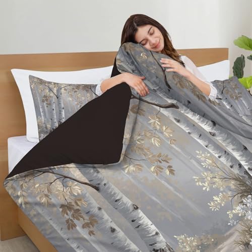 Light Gray Duvet Cover King Size Set - Soft Bedding with Birch Forest