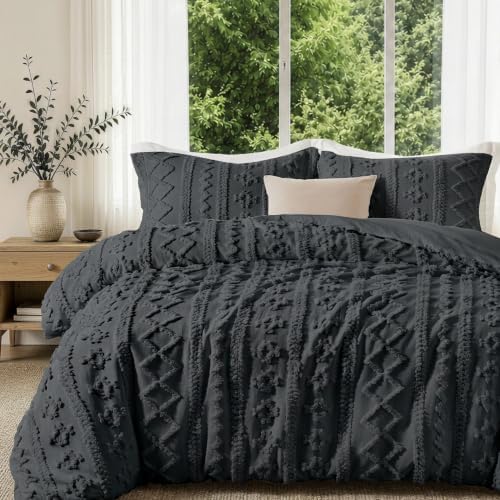 Maple&Stone Boho Duvet Cover Queen, Dark Grey Tufted 3-Piece Set