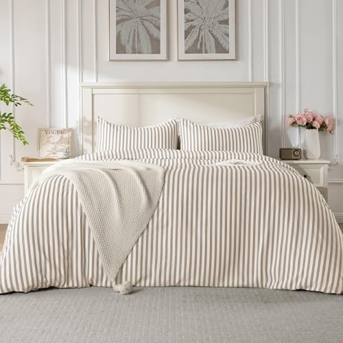 ROSE&RISY Duvet Cover Set King Size, Linen Grey Striped Comforter