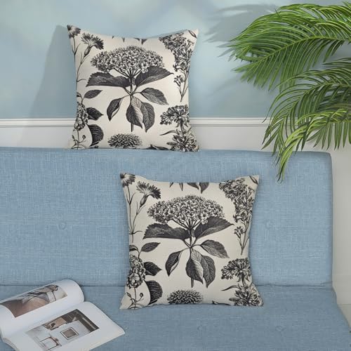 Floral Pillow Covers 20x20 Set of 2 Vintage Black Hydrangea Herbs