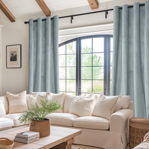 JIUZHEN Stone Blue Velvet Blackout Curtains 120 Inch for Living Room
