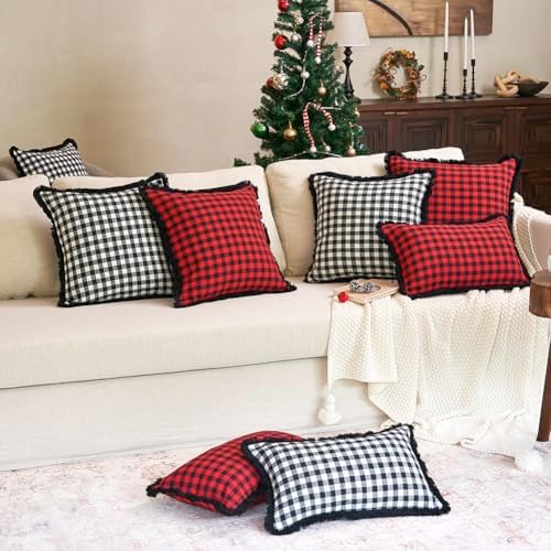 18x18 Black and White Christmas Outdoor Plaid Throw Pillow Covers Set