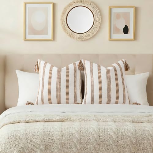 Smile Bee Outdoor Striped Pillow Covers 18x18 Set of 2 Brown and White