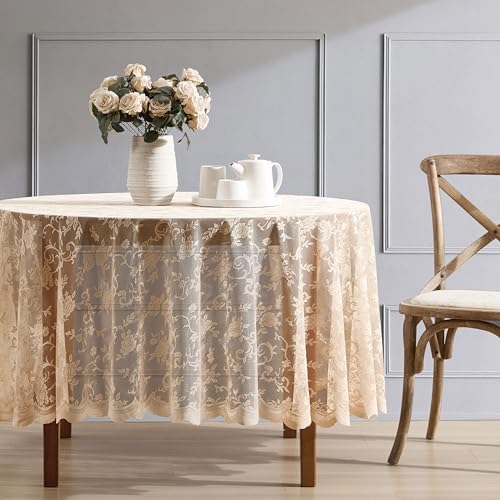 HLC.ME Harper Floral Lace Tablecloth, Round, 70 Inch Round, Linen