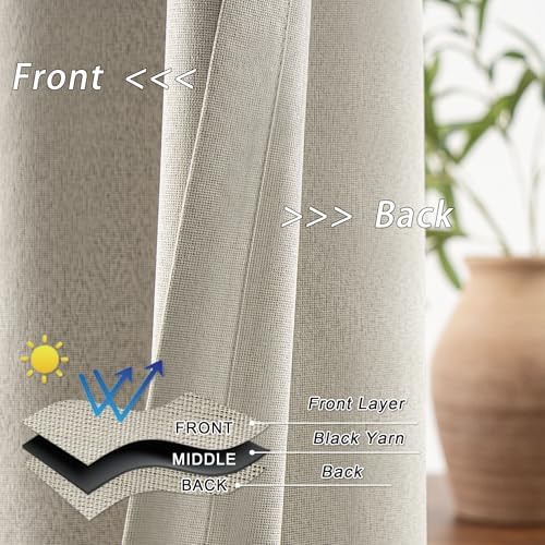 Full Blackout Natural Linen Curtains 108 Inch Length 2 Panels