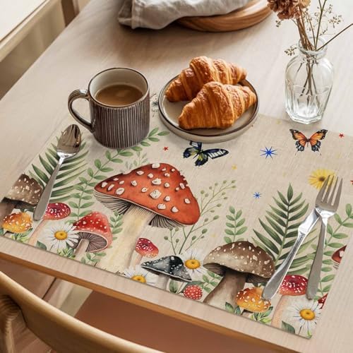 Placemats Set of 8, Spring Mushrooms Woven Placemat, Linen Place Mats