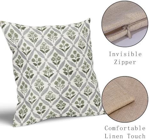 Sage Green Grey Gray Floral Block Print Pillow Covers 18X18 Set of 2