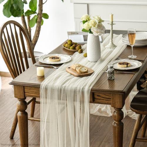 Artoid Mode 3PCS Beige Gauze Table Runner 120 Inch 10FT, Seasonal