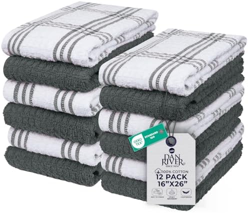 DAN RIVER Gray Kitchen Towels, 12 Pack, 16x26 Inches Absorbent Dish