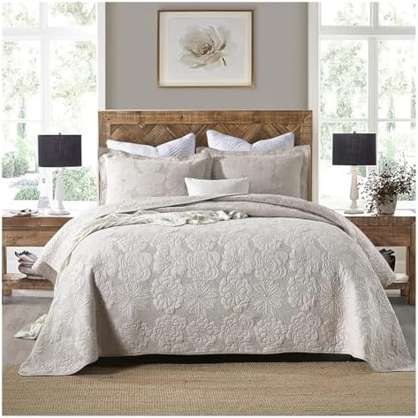 UOIO Quilted Cotton Bedspread Set Beige Embroidered Chic Floral Duvet
