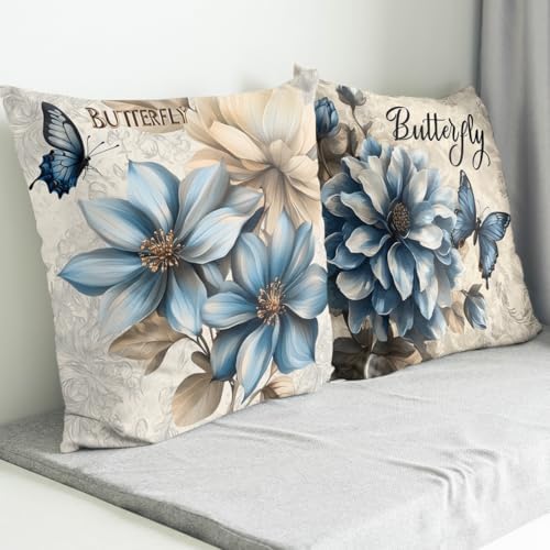 Flowers Throw Pillow Covers 18x18 Set of 4 Floral Butterfly Blue Gold