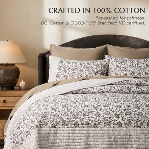 EverGrace 100% Cotton Floral Quilt Set, King Size, Taupe Warm Gray