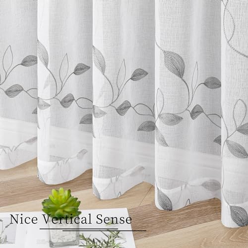 Tollpiz Grey Leaf Sheer Curtain Bedroom 38 x 63 Inches