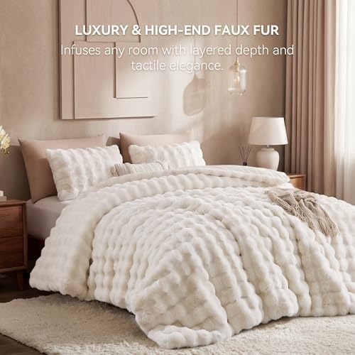 Smoofy Fluffy Faux Rabbit Fur Bubble Comforter King Size - Cream White