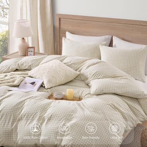 Andency Cream Gingham Duvet Cover Twin, 100% Wash Cotton Bedding