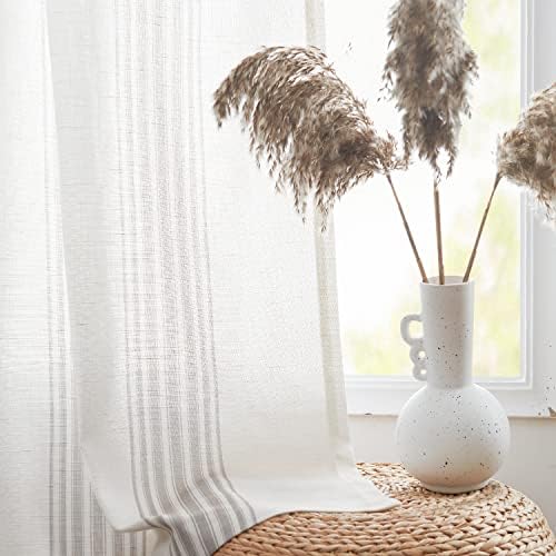 jinchan Striped Linen Curtains 63 Inch Length for Living Room Grey