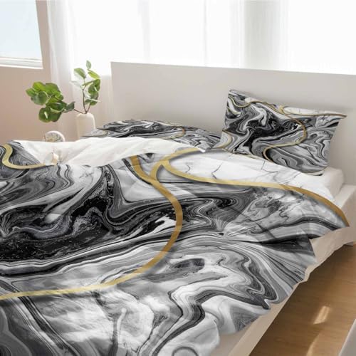Duvet Cover Set Queen, Abstract Gray Gold Marble Texture 3 Piece