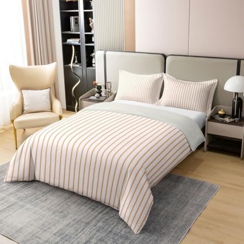 Feelyou Beige Grey Stripes Duvet Cover 100% Cotton King Size Striped