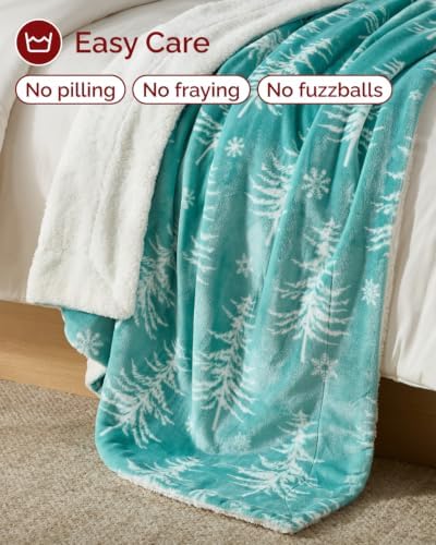 CGK Christmas Sherpa Blanket Twin Size, Reversible - Snowy Trees