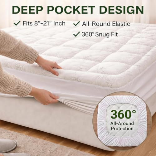 Waterproof Mattress Topper Queen - Extra Thick Breathable Bamboo