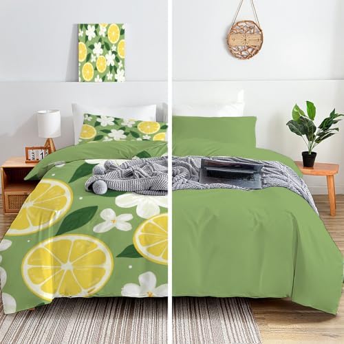 Sage Green Cartoon Lemon Slice Floral Duvet Cover Set for Women Girls