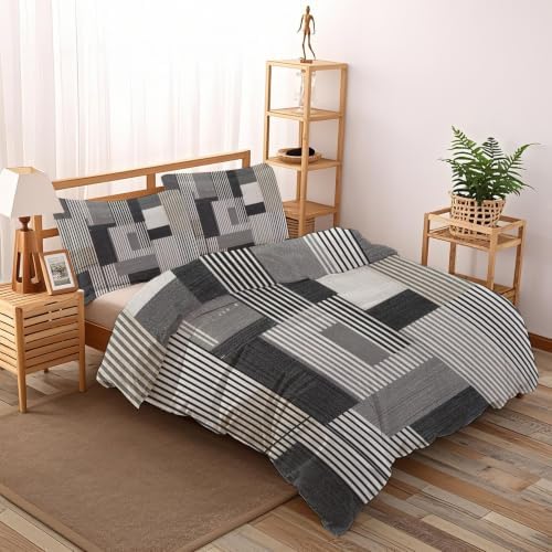 Grey Duvet Cover Queen Size, Geometric Striped Bedding Set